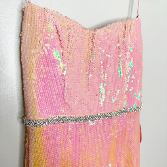 Mac Duggal 26980 Sequined Strapless Rhinestone Belt Gown Coral 2 $398 NEW - Picture 11 of 13